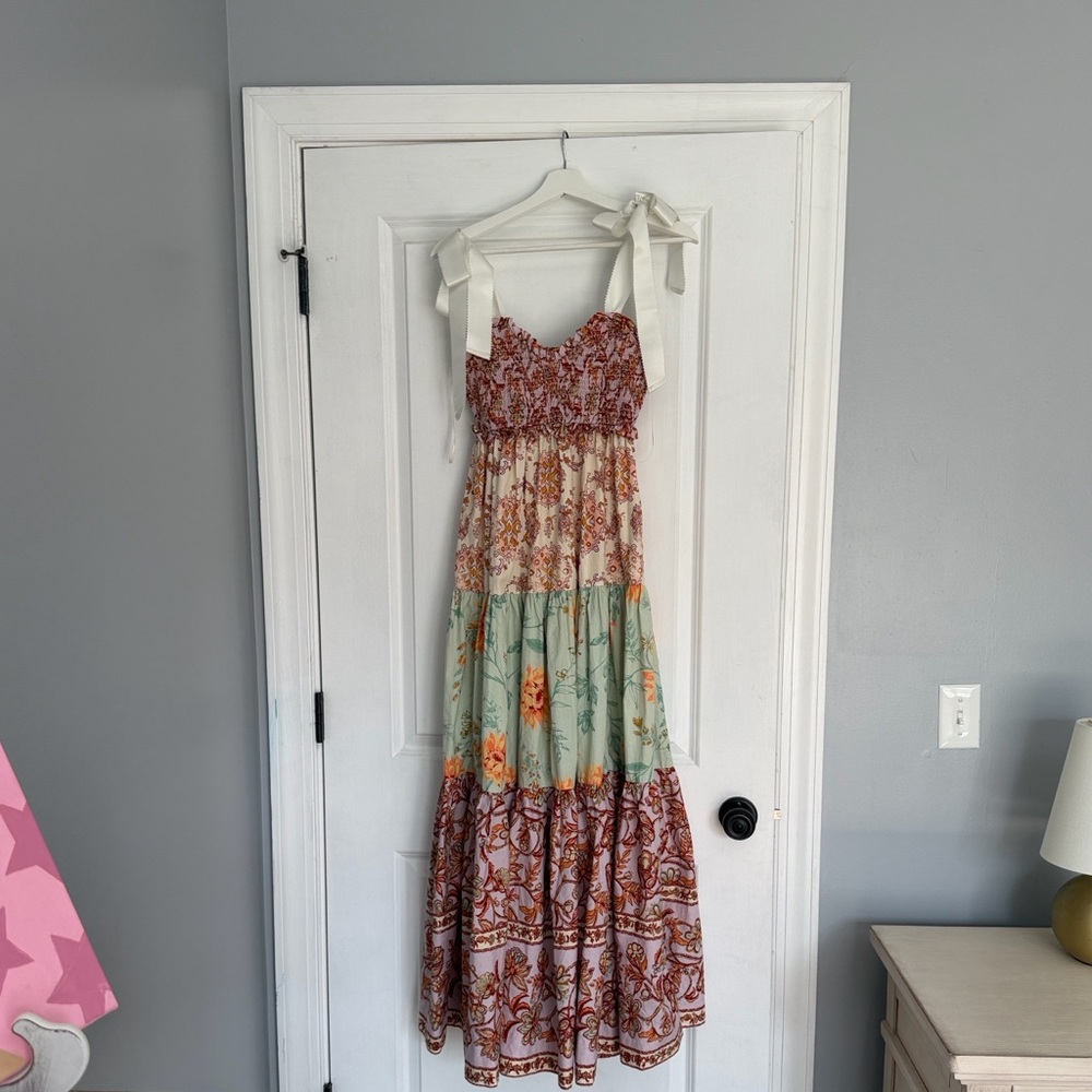 Free People Tiered Floral Maxi Skirt in Cream, Mint & Orange